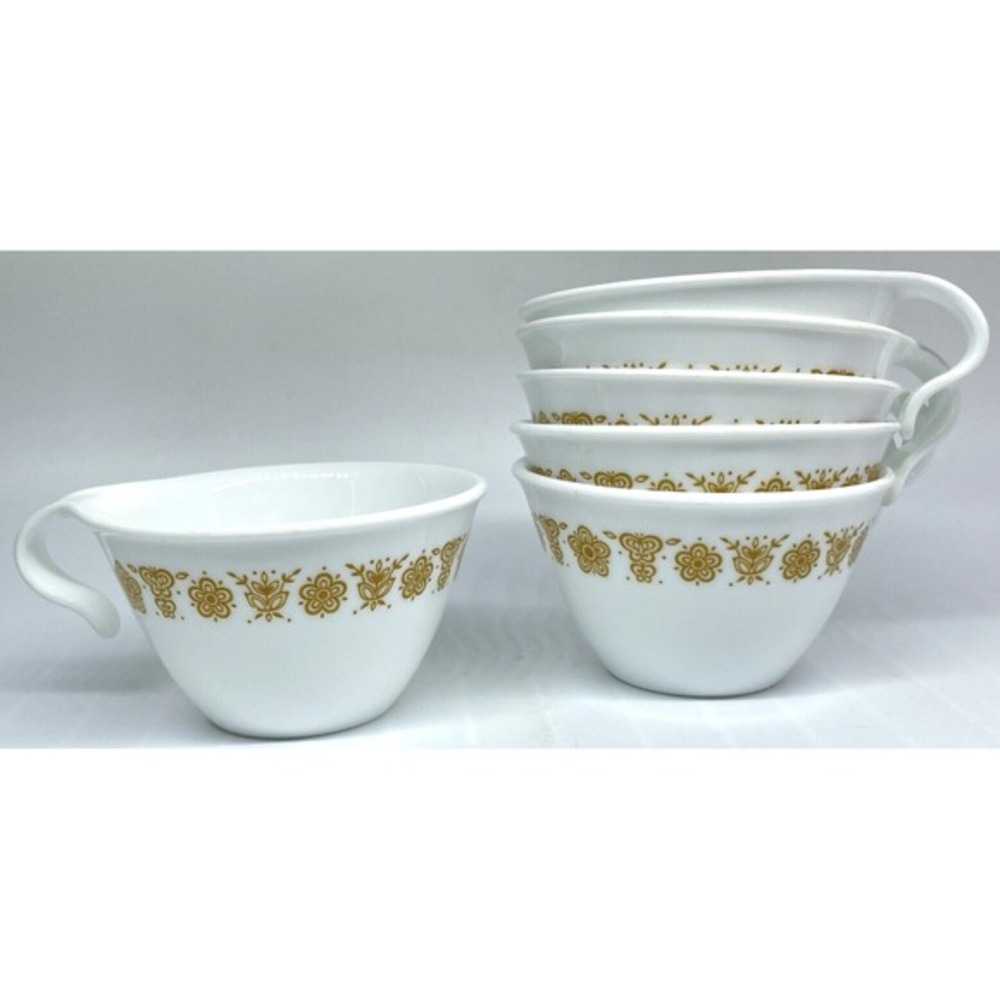 Corelle Butterfly‎ Gold Hook Handle Coffee Tea Cups Corning Vintage Set of 6